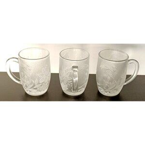 FROSTED FLORAL GLASS COFFEE TEA CUPS MUGS set of 3 Vintage Indonesia KIG Pasari